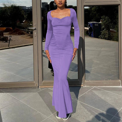 2025 Elegant Long Sleeve Party Dresses Sexy High Waist Slim Fit Women&#8217;s Evening Dress Fashion Solid Color Pleated Long Dresses