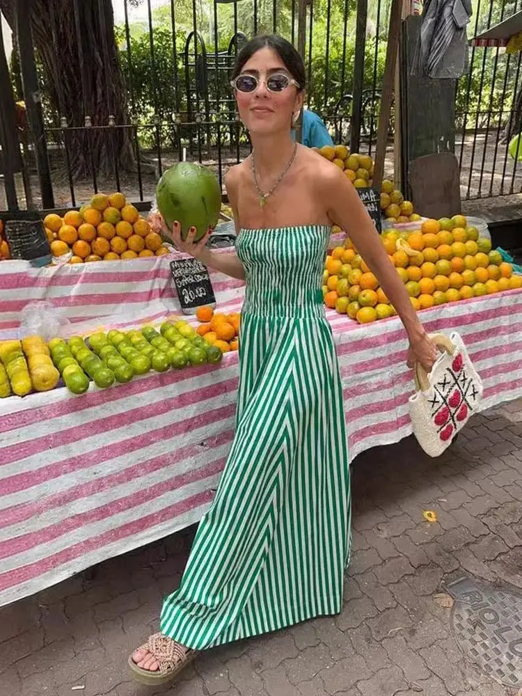 New Stripes Tube Long Beach Off Shoulder Backless Casual Fashion Bust Elastic Women's Boho Dress