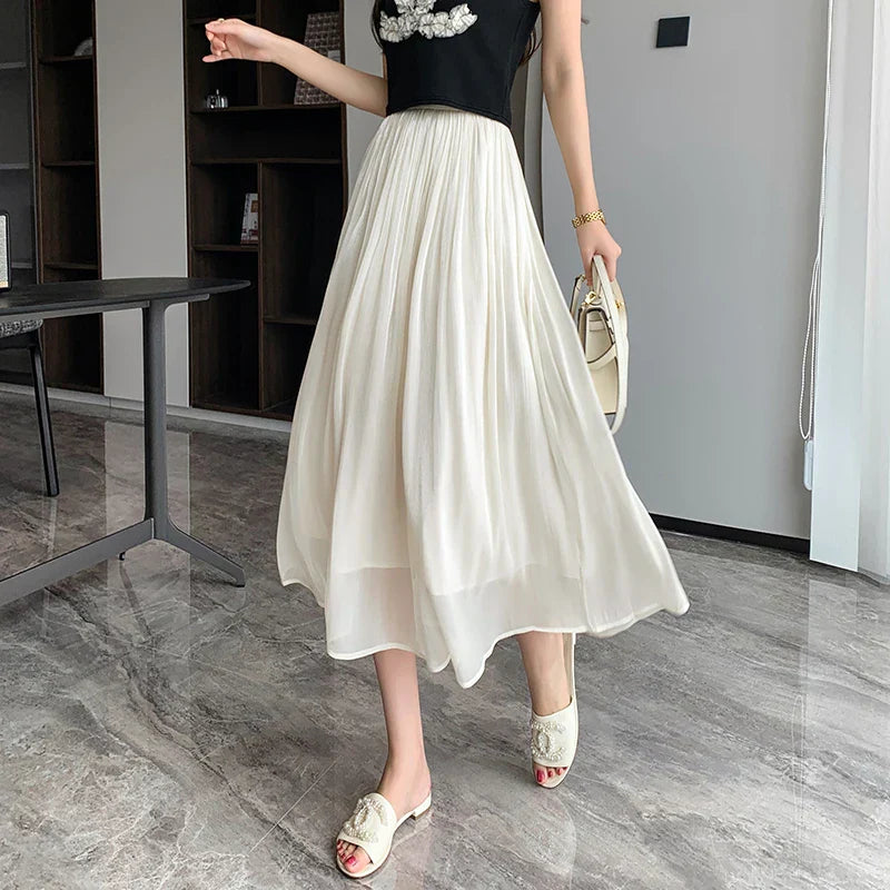 FashionSierra - 2025 New Spring Summer Women Tulle Solid Color Elastic High Waist Pleated Ladies Temperament Skirt