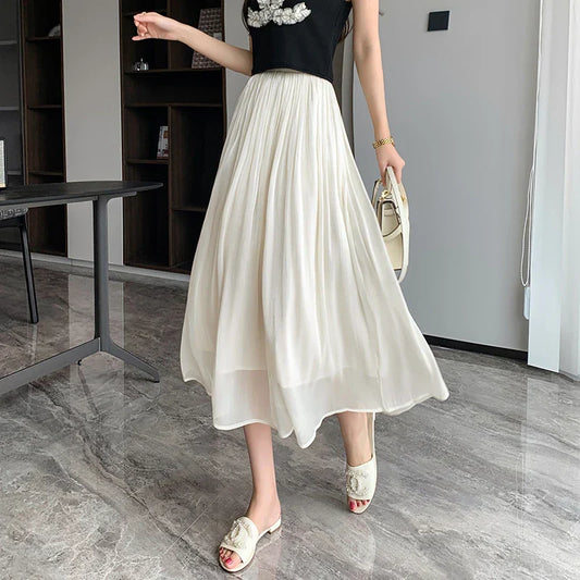 FashionSierra - 2025 New Spring Summer Women Tulle Solid Color Elastic High Waist Pleated Ladies Temperament Skirt