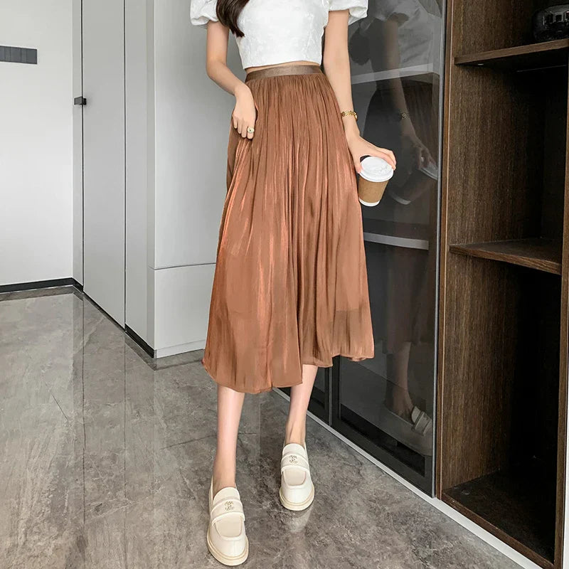 FashionSierra - 2025 New Spring Summer Women Tulle Solid Color Elastic High Waist Pleated Ladies Temperament Skirt