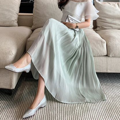 FashionSierra - 2025 New Spring Summer Women Tulle Solid Color Elastic High Waist Pleated Ladies Temperament Skirt