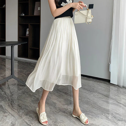 FashionSierra - 2025 New Spring Summer Women Tulle Solid Color Elastic High Waist Pleated Ladies Temperament Skirt