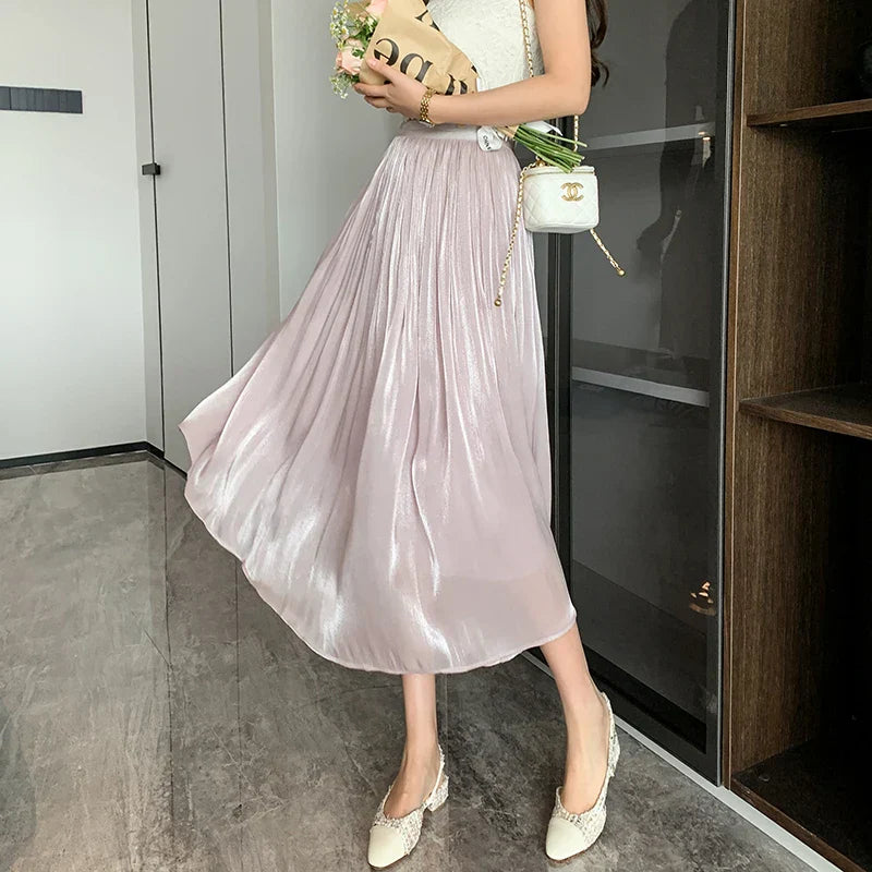 FashionSierra - 2025 New Spring Summer Women Tulle Solid Color Elastic High Waist Pleated Ladies Temperament Skirt