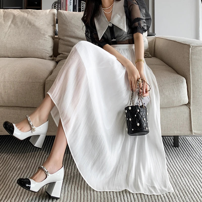 FashionSierra - 2025 New Spring Summer Women Tulle Solid Color Elastic High Waist Pleated Ladies Temperament Skirt