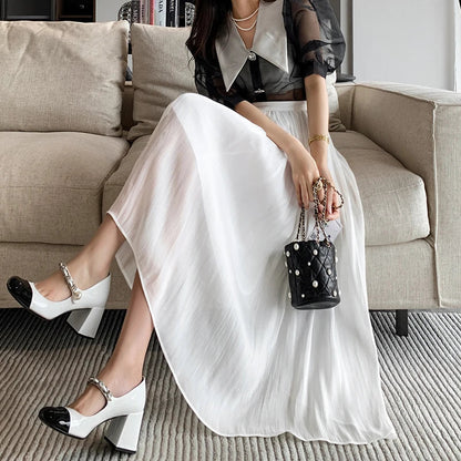 FashionSierra - 2025 New Spring Summer Women Tulle Solid Color Elastic High Waist Pleated Ladies Temperament Skirt