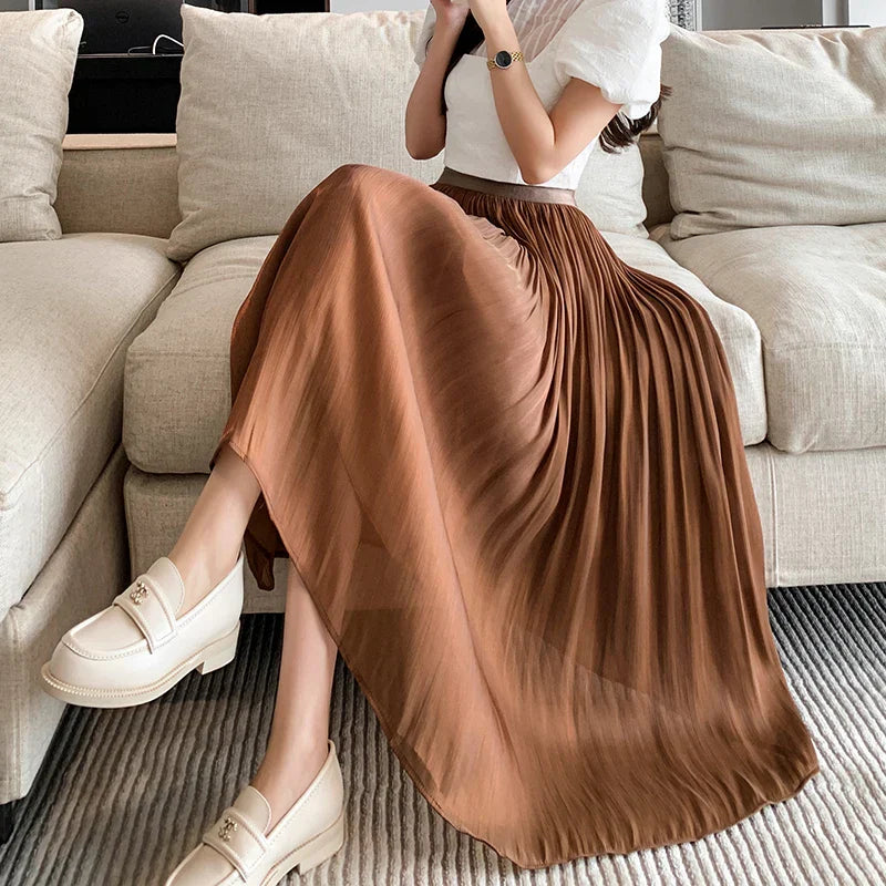 FashionSierra - 2025 New Spring Summer Women Tulle Solid Color Elastic High Waist Pleated Ladies Temperament Skirt