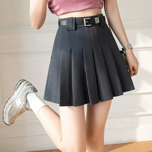 FashionSierra - 2025 New Summer High Waist A-line Pleated Mini Korean Fashion Suit Gray Women Casual Short With Belt Skirt