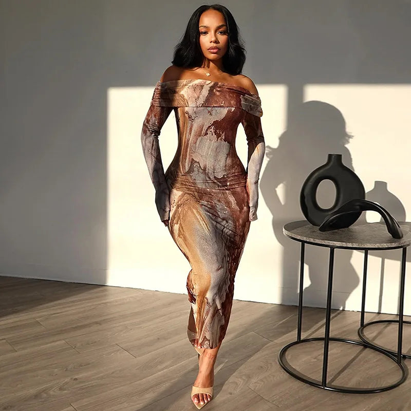 Print One Shoulder Midi Dress