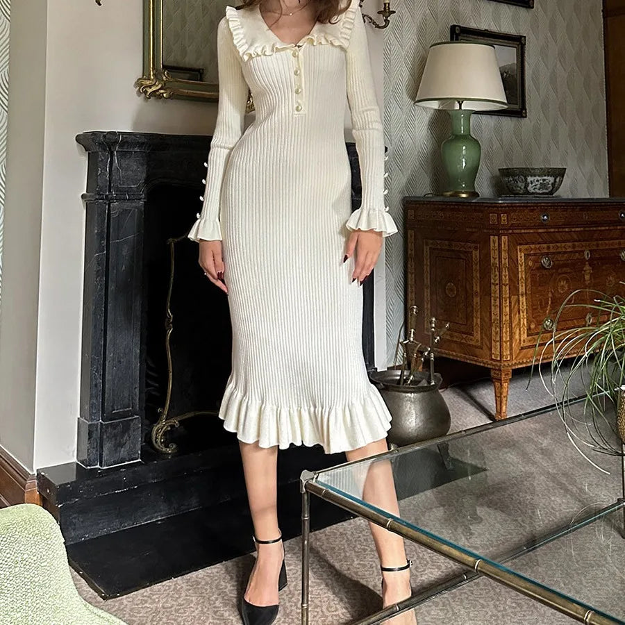 Button Ruffle Waist Midi Dress