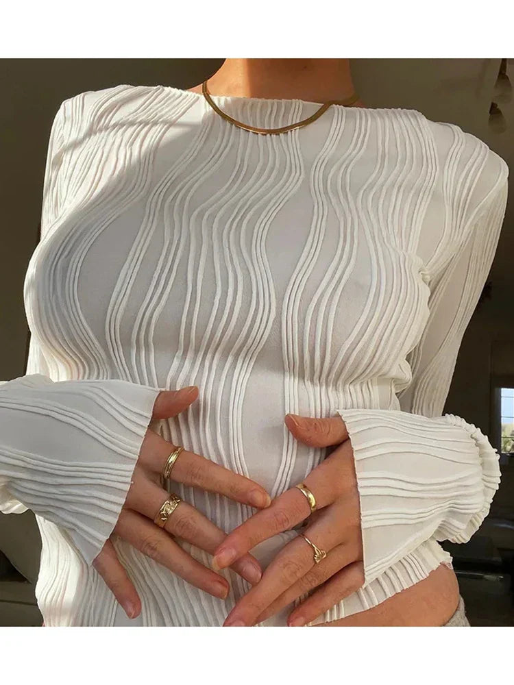 FashionSierra - 2025 Ruched Long Sleeve T Shirts White Skinny Black Basic Tee Fashion Street Cropped Top Y2K Sweater