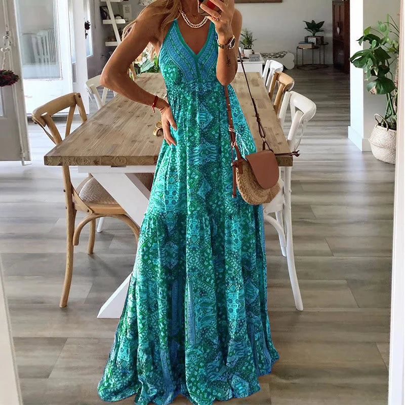 2025 Spaghetti Strap Dresses For Women Vintage Printed Bohemian Style Beach Dress Fashion Sexy V-neck Lady Maxi A-line Vestidos