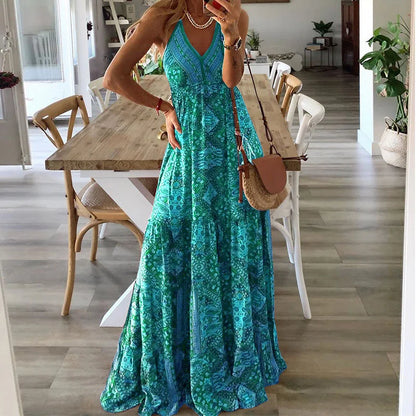 2025 Spaghetti Strap Dresses For Women Vintage Printed Bohemian Style Beach Dress Fashion Sexy V-neck Lady Maxi A-line Vestidos