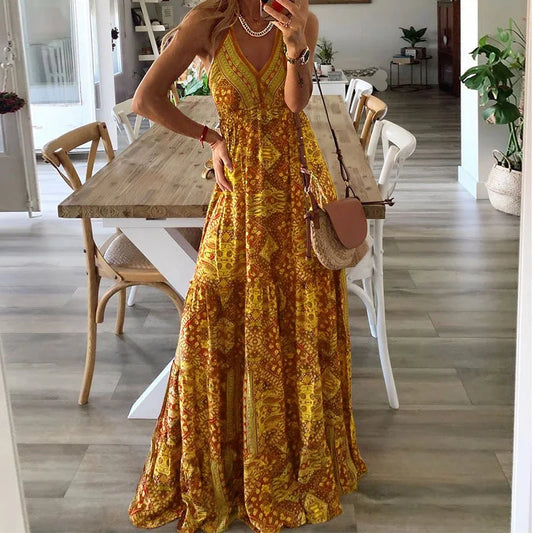 2025 Spaghetti Strap Dresses For Women Vintage Printed Bohemian Style Beach Dress Fashion Sexy V-neck Lady Maxi A-line Vestidos