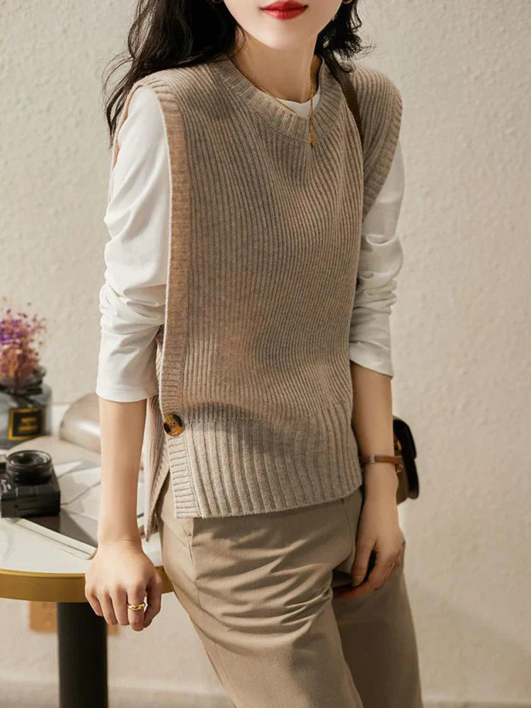2025 Spring And Autumn New Round Neck Solid Color Side Button Anti-Pilling Women's Slim Vest Sweater