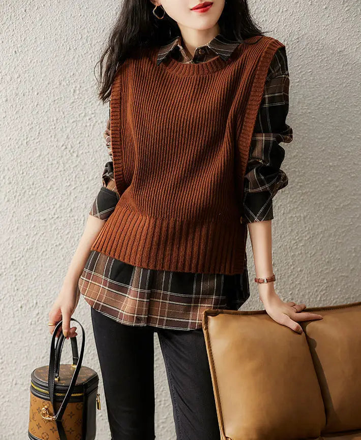 2025 Spring And Autumn New Round Neck Solid Color Side Button Anti-Pilling Women's Slim Vest Sweater
