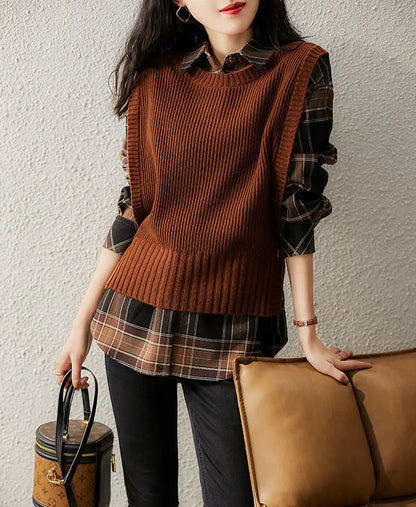 2025 Spring And Autumn New Round Neck Solid Color Side Button Anti-Pilling Women's Slim Vest Sweater