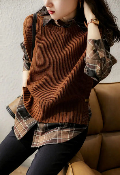 2025 Spring And Autumn New Round Neck Solid Color Side Button Anti-Pilling Women's Slim Vest Sweater