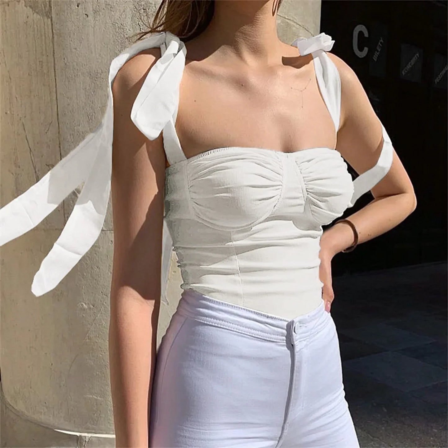 2025 Summer Sweet Sleeveless Tie Shoulder Strap Streetwear Cami Top