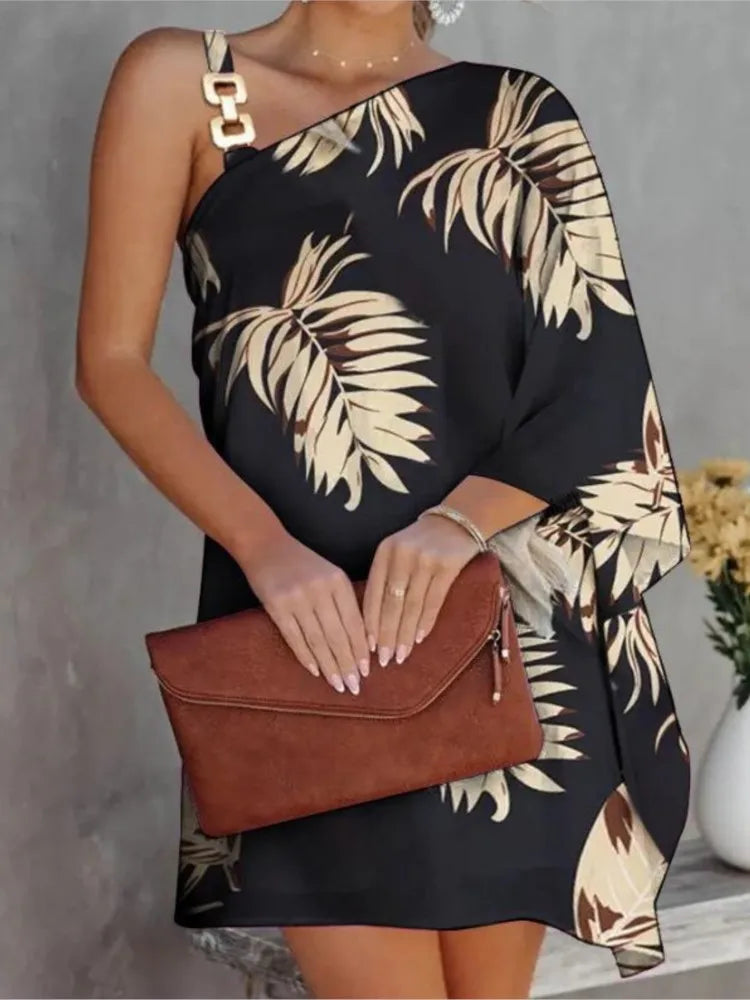 2025 Summer Dresses For Women Sexy Elegant Irregular Mini Dress Gown Fashion One Shoulder Diagonal Neck Print Vintage Vestidos