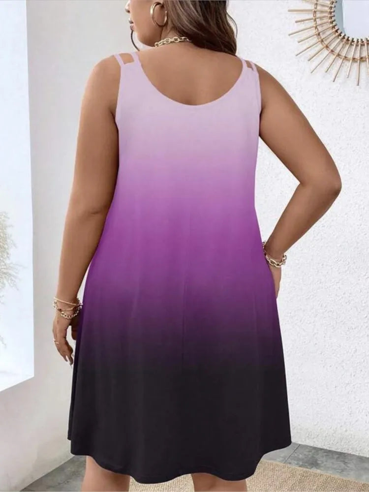 2025 Summer New Gradient Print Midi Dresses Women Fashion Casual Beach Vacation Loose Camisole Dress Female Streetwear Vestidos