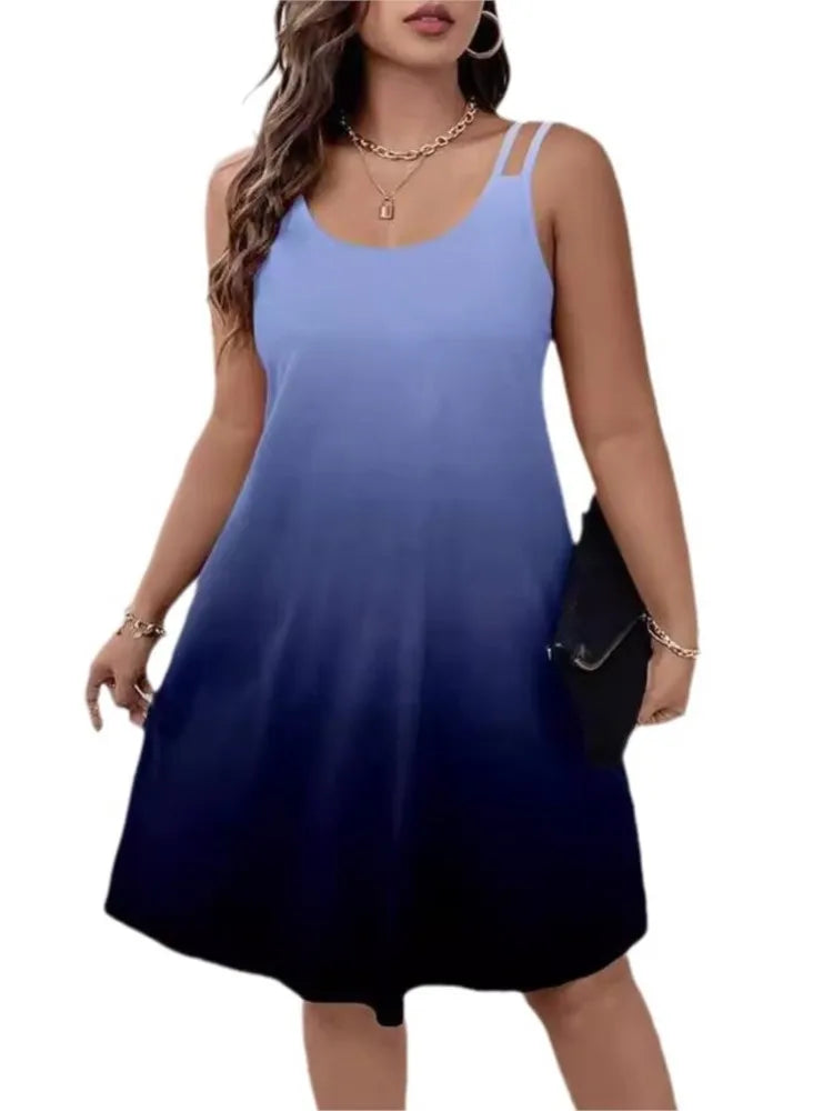 2025 Summer New Gradient Print Midi Dresses Women Fashion Casual Beach Vacation Loose Camisole Dress Female Streetwear Vestidos