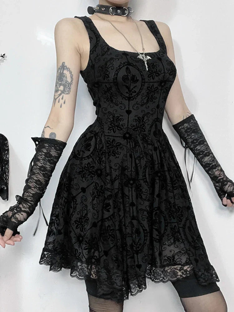 2025 Summer New Harajuku Retro Sexy Wrapped Hip Mini Dress Y2K Vintage Gothic Punk Dark Style Tie Up A-Line Dress