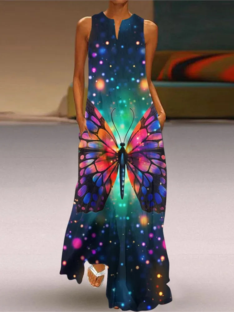 2025 Summer New Vintage Flower Printed Long Dresses Women Fashion V-neck Loose Sleeveless Dress Casual Commuting Vestidos Female