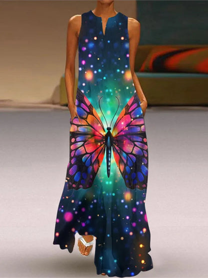 2025 Summer New Vintage Flower Printed Long Dresses Women Fashion V-neck Loose Sleeveless Dress Casual Commuting Vestidos Female