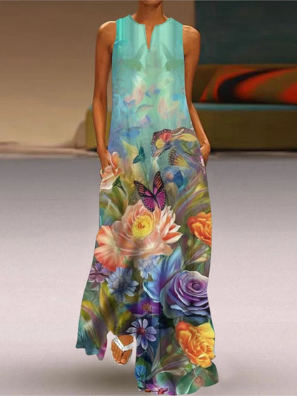 2025 Summer New Vintage Flower Printed Long Dresses Women Fashion V-neck Loose Sleeveless Dress Casual Commuting Vestidos Female