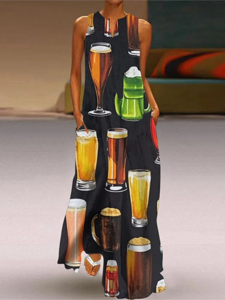 2025 Summer New Vintage Flower Printed Long Dresses Women Fashion V-neck Loose Sleeveless Dress Casual Commuting Vestidos Female