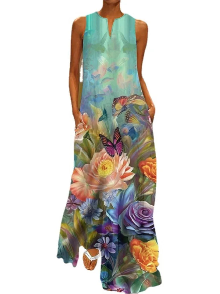 2025 Summer New Vintage Flower Printed Long Dresses Women Fashion V-neck Loose Sleeveless Dress Casual Commuting Vestidos Female