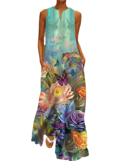 2025 Summer New Vintage Flower Printed Long Dresses Women Fashion V-neck Loose Sleeveless Dress Casual Commuting Vestidos Female