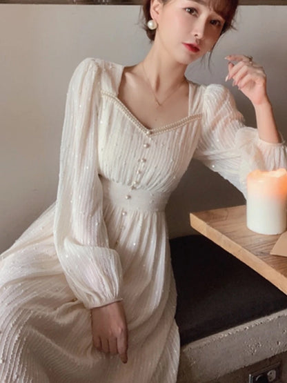 2025 Summer New Women Fashion Elegant White Midi Dresses Vintage Princess Female Party A Line Clothes Prom Robe Vestdios