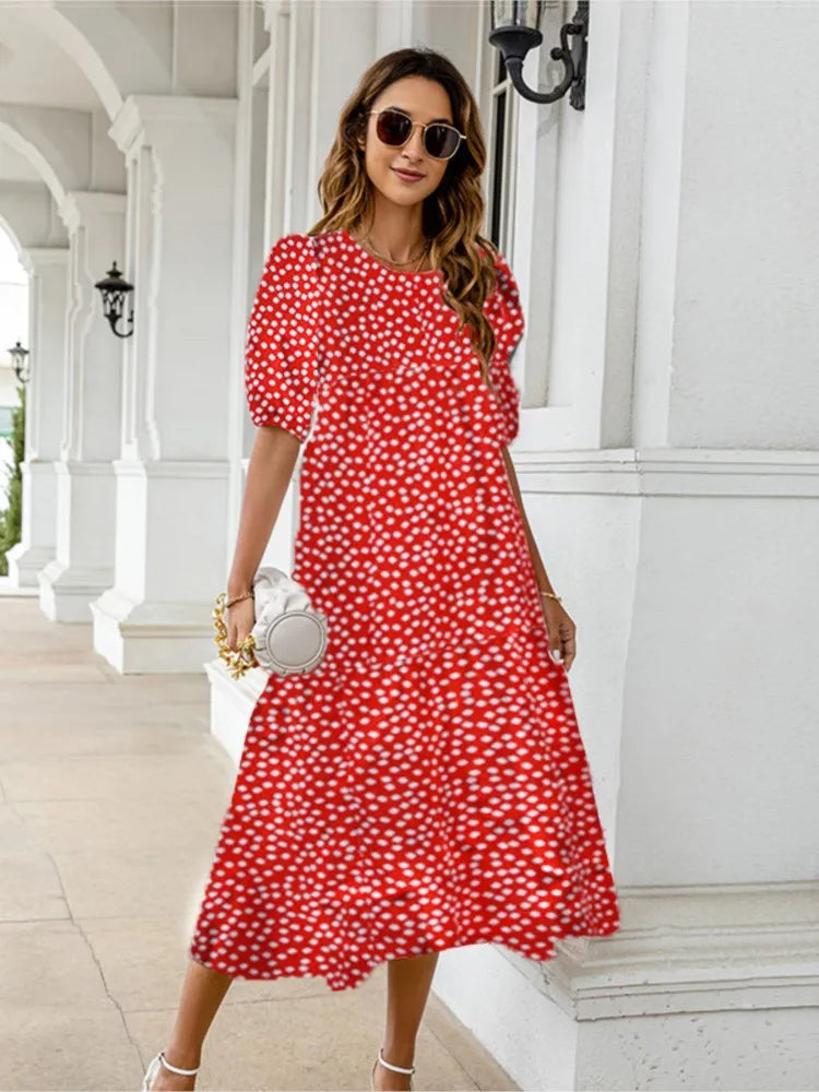 2025 Summer New Women&#8217;s Print Dress Puff Short Sleeves Ruffles Loose A-line Midi Dresses Fashion Casual Beach Vacation Vestidos