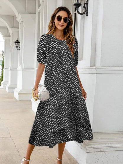 2025 Summer New Women&#8217;s Print Dress Puff Short Sleeves Ruffles Loose A-line Midi Dresses Fashion Casual Beach Vacation Vestidos