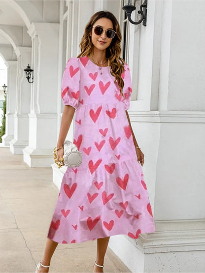 2025 Summer New Women&#8217;s Print Dress Puff Short Sleeves Ruffles Loose A-line Midi Dresses Fashion Casual Beach Vacation Vestidos