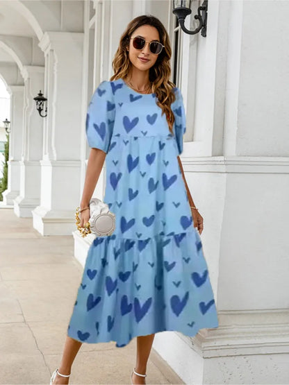 2025 Summer New Women&#8217;s Print Dress Puff Short Sleeves Ruffles Loose A-line Midi Dresses Fashion Casual Beach Vacation Vestidos