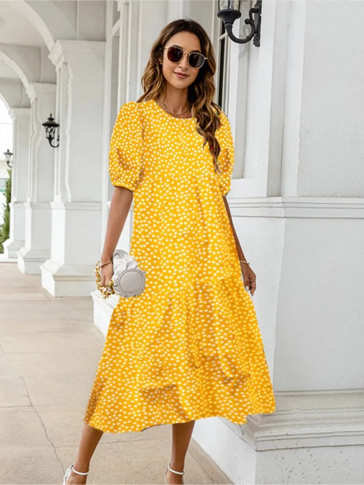 2025 Summer New Women&#8217;s Print Dress Puff Short Sleeves Ruffles Loose A-line Midi Dresses Fashion Casual Beach Vacation Vestidos