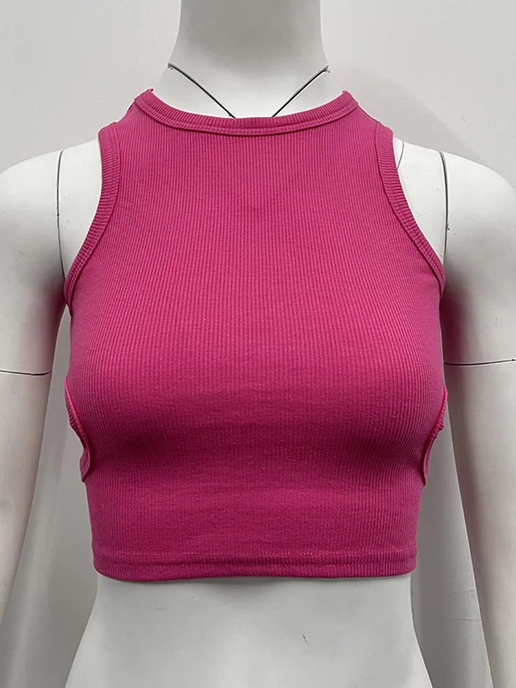 2025 Summer Solid Color Sleeveless T Shirt Women&#8217;s Side Hole Knitted Tops Knitted Tops Basic Wear Streetwear