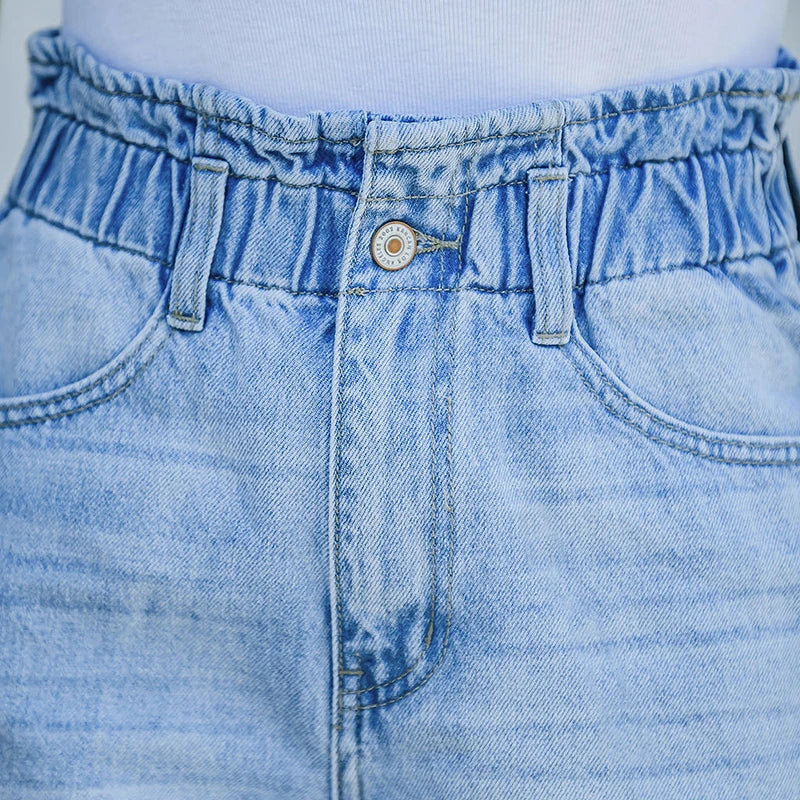 2025 Summer Women's Denim Fashion Vintage Streetwear Stretch Elastic Waist New Crimping Shorts