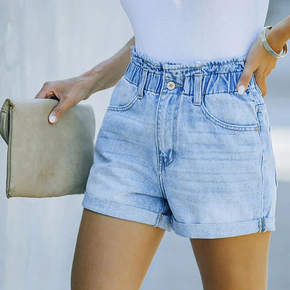 2025 Summer Women's Denim Fashion Vintage Streetwear Stretch Elastic Waist New Crimping Shorts