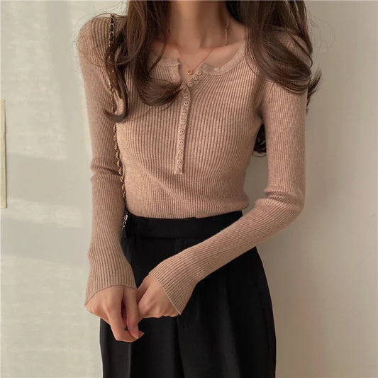 FashionSierra Basic Primer Button Chic Soft Slim Knitted Autumn Women's 2025 Sweater