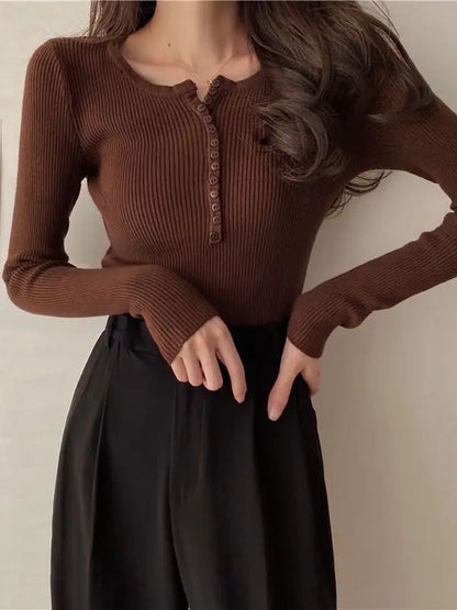 FashionSierra Basic Primer Button Chic Soft Slim Knitted Autumn Women's 2025 Sweater