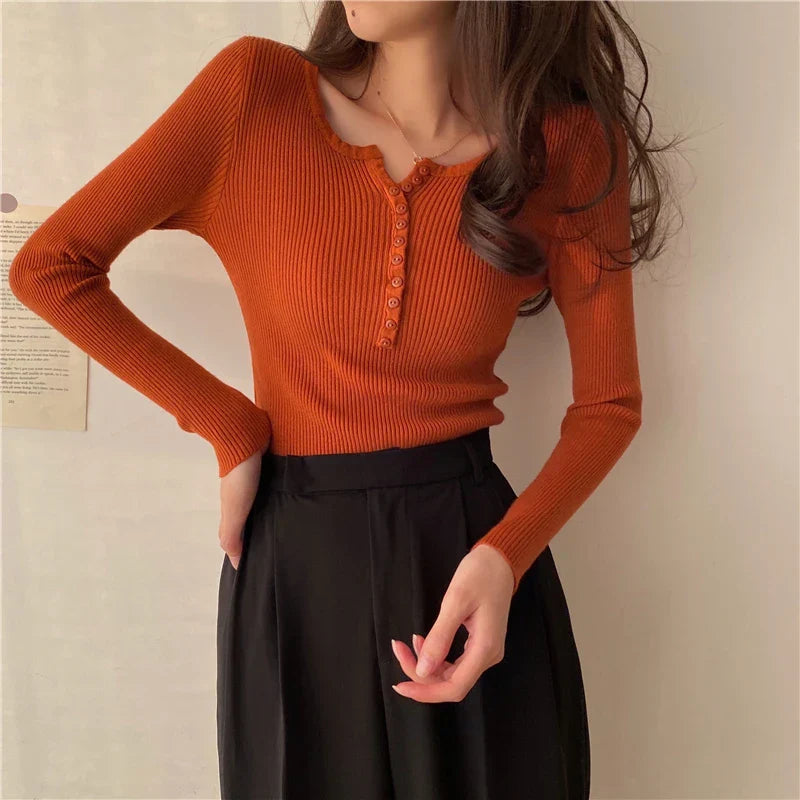 FashionSierra Basic Primer Button Chic Soft Slim Knitted Autumn Women's 2025 Sweater