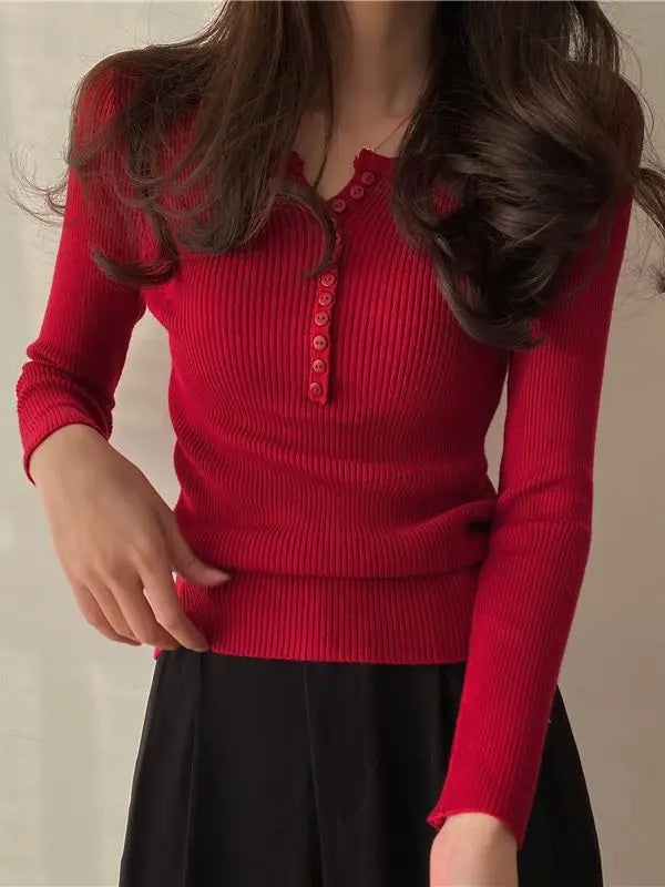 FashionSierra Basic Primer Button Chic Soft Slim Knitted Autumn Women's 2025 Sweater