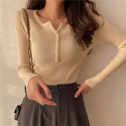 FashionSierra Basic Primer Button Chic Soft Slim Knitted Autumn Women's 2025 Sweater