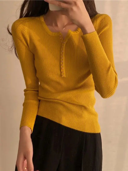 FashionSierra Basic Primer Button Chic Soft Slim Knitted Autumn Women's 2025 Sweater