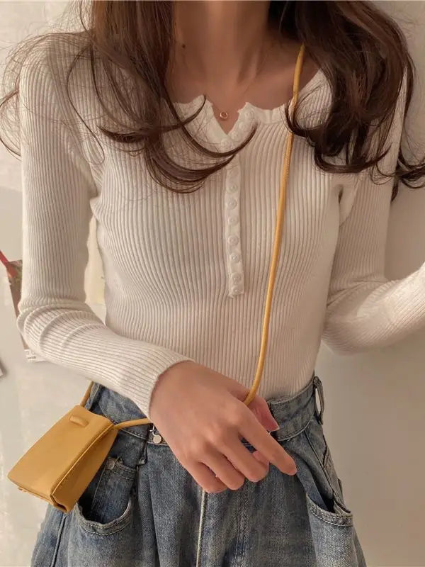 FashionSierra Basic Primer Button Chic Soft Slim Knitted Autumn Women's 2025 Sweater