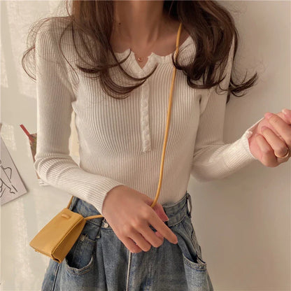 FashionSierra Basic Primer Button Chic Soft Slim Knitted Autumn Women's 2025 Sweater
